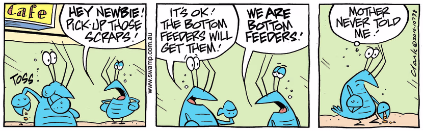 Bob Crayfish is screaming at new arrival to pick up the scraps but he says the bottom feeders will get them. Swamp Cartoon - Pick up the ScrapsJuly 15, 2022