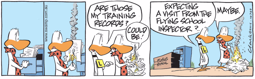 Ding Duck happens upon Flying School Instructor burning what appears to be his flight training records. Swamp Cartoon - Flight Training RecordsJuly 25, 2022