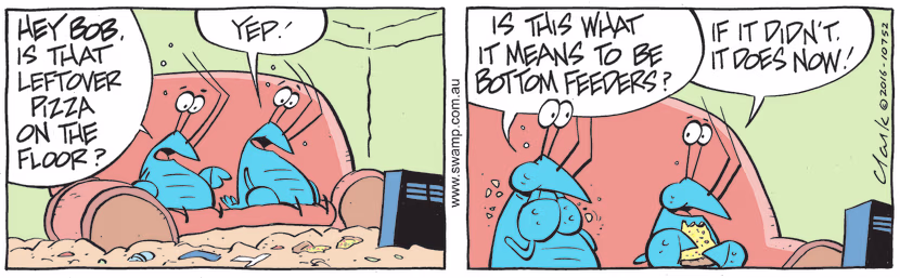 While sitting on the couch watching television, Bob Crayfish and his mate discover pizza sitting on the floor. Swamp Cartoon - Watching TelevisionJuly 26, 2022