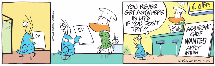 To Chef's surprise, Bob Crayfish has optimistically applied for the position of Assistant Chef. Swamp Cartoon - Position of Assistant ChefAugust 20, 2022
