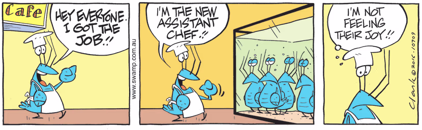 Bob Crayfish has landed the job of assistant chef and when he tells his mates he's not feeling their joy. Swamp Cartoon - Assistant ChefAugust 23, 2022