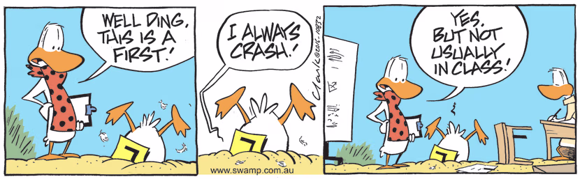 Ding Duck's capacity to crash knows no bounds as he managed to crash during Flight Theory Class. Swamp Cartoon - Flight Theory ClassSeptember 7, 2022