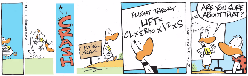 After another crash, Ding Duck returns to Flight Theory School and when seeing the formula for lift queries it with his instructor. Swamp Cartoon - After Another CrashSeptember 26, 2022