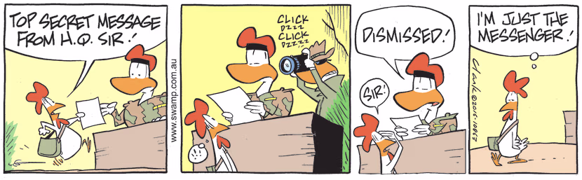Carrier Pigeon 590 delivers a secret message to Head Quarters then he sees a spy taking photos of the message. Swamp Cartoon - Secret MessageOctober 3, 2022