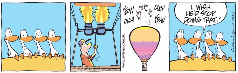 The Aviator Ducks are happily enjoying a ride on the hot air balloon until it gets a burst of heat. Swamp Cartoon - Hot Air BalloonOctober 27, 2022