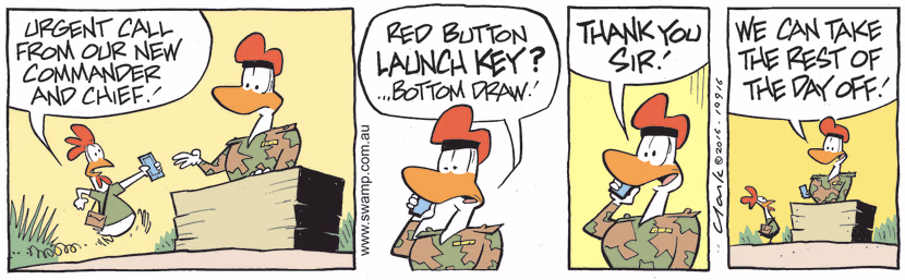 Carrier Pigeon comes running to Army Sergeant with urgent message from new Commander and Chief. Swamp Cartoon - Urgent MessageOctober 29, 2022