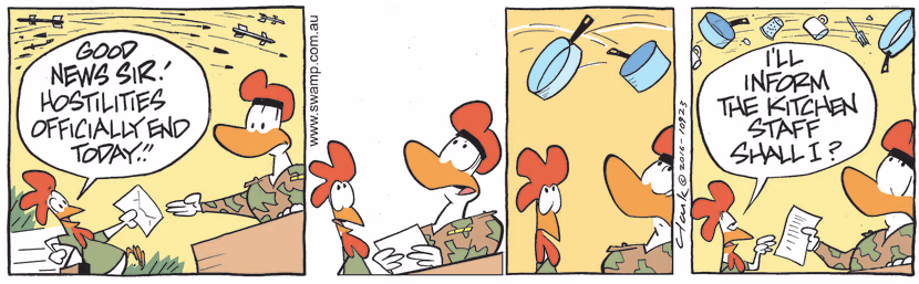 Carrier Pigeon 590 delivers good news to Army Duck that hostilities officially end today. Swamp Cartoon - Delivers Good NewsNovember 7, 2022