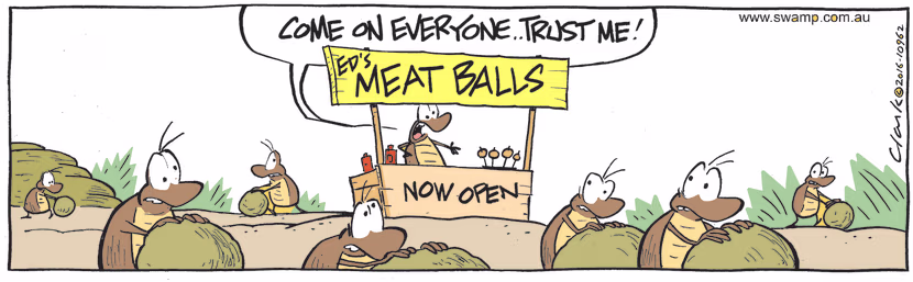 Ed, the Dung Beetle has set up meat balls food stand but his fellow Dung Beetles are buying it. Swamp Cartoon - Meat Balls Food StandNovember 29, 2022