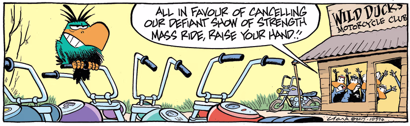 Bludgerigar has landed on one of the motorbikes outside the clubhouse and the Wild Ducks are intimidated. Swamp Cartoon - Bludgerigar has LandedDecember 3, 2022