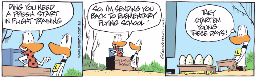 Flight Theory Instructor has decided that Ding Duck needs a fresh start with his flight training. Swamp Cartoon - Flight TrainingJanuary 11, 2023