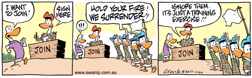 As new recruit approaches to join the army he sees a bunch of army ducks with white flag surrendering. Swamp Cartoon - White Flag SurrenderingFebruary 23, 2023