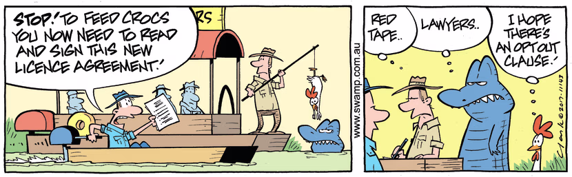 Park Ranger arrives at Swamp Tour Boat telling Operator he needs to sign a licence agreement to feed crocs. Swamp Cartoon - Agreement to Feed CrocsFebruary 27, 2023