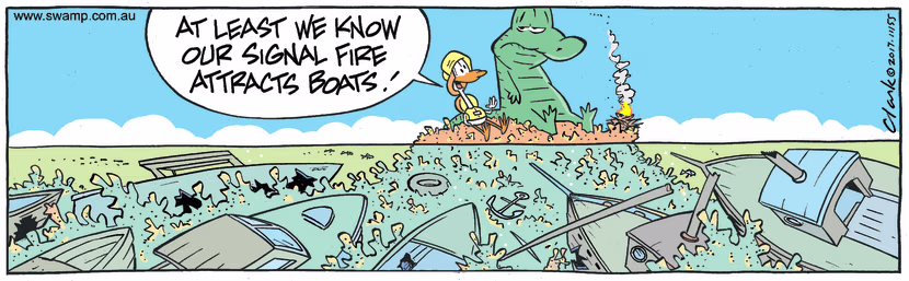 At the reef atoll surrounded by shipwrecked boats, Nitpicker Bird thinks their fire has attracted boats. Swamp Cartoon - Shipwrecked BoatsMarch 7, 2023