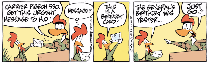 Carrier Pigeon 590 has been ordered to deliver a birthday card to the General urgently. Swamp Cartoon - Deliver a Birthday CardMarch 9, 2023