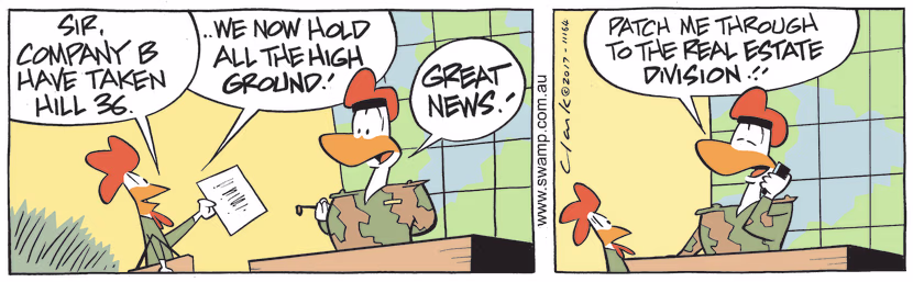 Carrier Pigeon 590 is delivering good news to Army Sergeant that Company B has taken Hill 36. Swamp Cartoon - Delivering Good NewsMarch 15, 2023