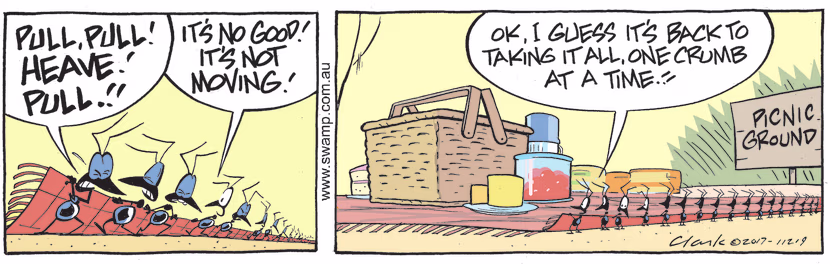 Trying to pull picnic rug laden with food, the Ants thought this could be an easy way to take it all. Swamp Cartoon - Laden With FoodApril 10, 2023