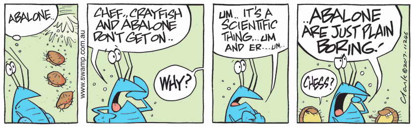 Bob Crayfish is complaining to Chef about sharing his aquarium with abalone as they won't get along. Swamp Cartoon - Sharing His AquariumApril 28, 2023