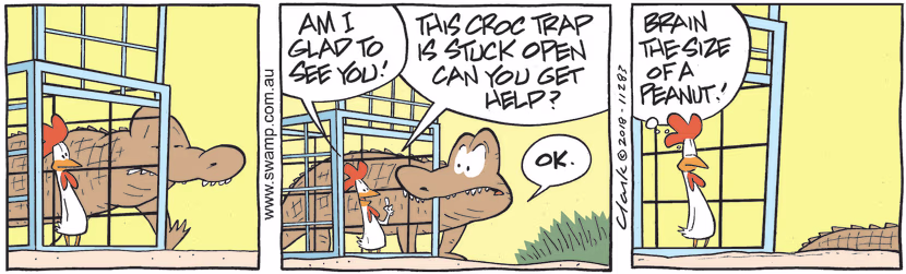 Nibbles Croc wanders past croc trap and encounters Chicken who asks for help as the trap is set open. Swamp Cartoon - Trap is Set OpenMay 23, 2023