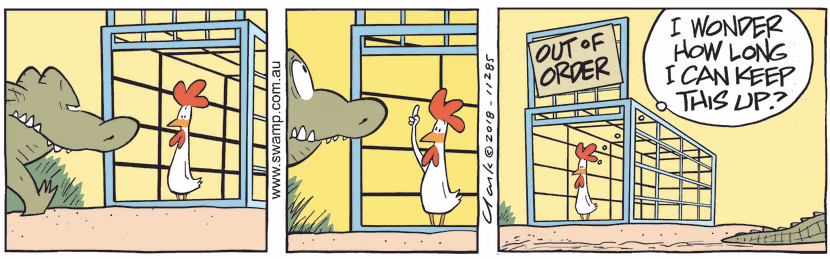 As Snapper Croc approaches the trap, Chicken directs him to the Out of Order sign. Swamp Cartoon - Out of Order SignMay 24, 2023