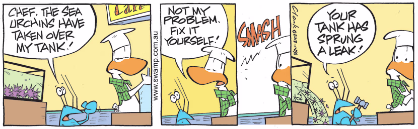 Bob Crayfish complains to Chef that the sea urchins have taken over his tank and Chef says it's not his problem. Swamp Cartoon - Complains to ChefJune 2, 2023