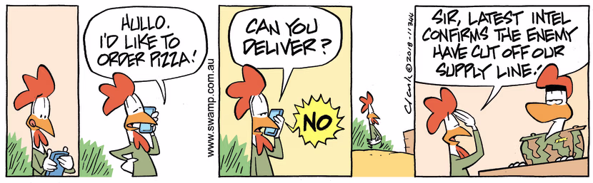 Carrier Pigeon 590 advises Army Sergeant the latest intel has confirmed the supply lines have been cut. Swamp Cartoon - Latest IntelJune 22, 2023