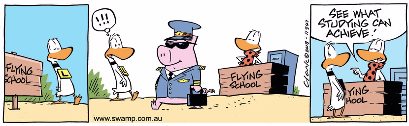 Ding Duck is surprised to see a pig in pilot uniform and his instructor declares that's what studying can achieve. Swamp Cartoon - Pig in Pilot UniformJune 23, 2023