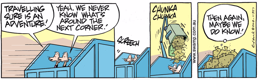 Cheese and Chives Rats are enjoying their travelling adventures in the garbage truck no knowing what's around the corner. Swamp Cartoon - Travelling AdventuresJune 29, 2023