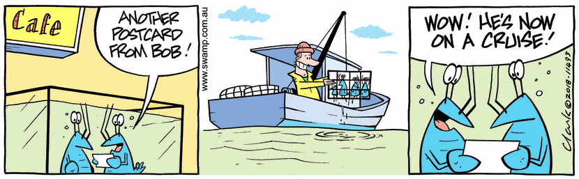 Back in the Swamp Cafe Aquarium, the crayfish receive a postcard from Bob and it looks like he's on a cruise. Swamp Cartoon - Receive a PostcardAugust 12, 2023