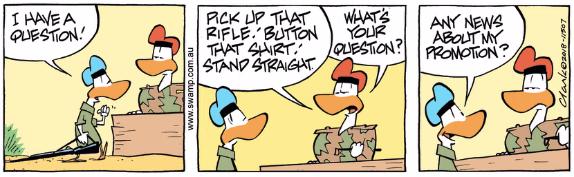 Dragging his rifle, Army Duck approaches the Sergeant in a slovenly manner and says he has a question. Swamp Cartoon - Dragging his RifleAugust 14, 2023