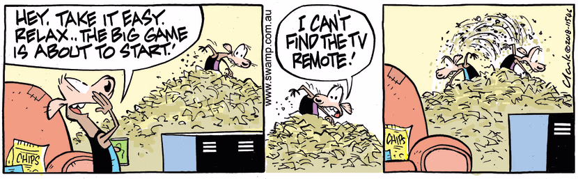 Chives Rat is digging through pile of rubbish when Cheese calls out to relax the big game is about to start. Swamp Cartoon - Pile of RubbishAugust 31, 2023