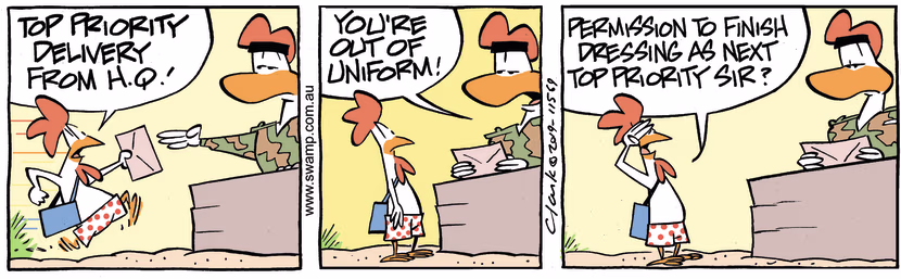 Not fully dressed, Carrier Pigeon 590 races to Army Sergeant to deliver top priority message from Headquarters. Swamp Cartoon - Deliver Top Priority MessageSeptember 13, 2023