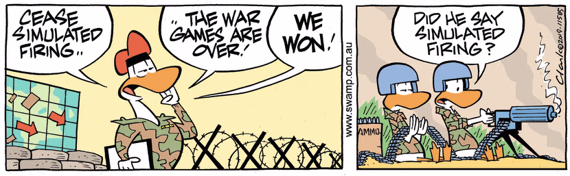 Army Sergeant gives order to cease simulated firing as the war games are over because they won. Swamp Cartoon - Cease Simulated FiringSeptember 25, 2023