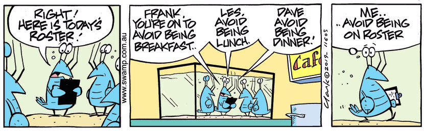 Bob is sorting out the rosters for the crayfish for whose to avoid being on breakfast, lunch and dinner. Swamp Cartoon - Rosters for the CrayfishOctober 18, 2023