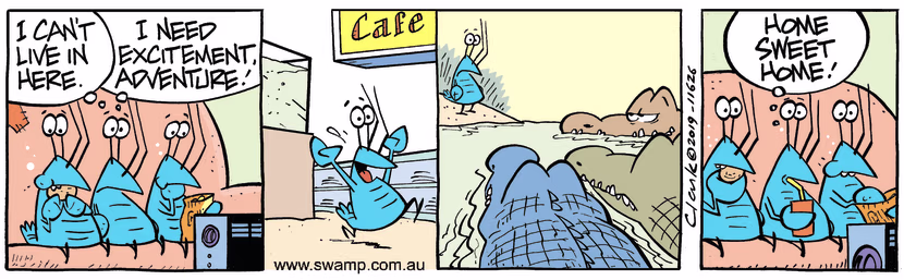 Bob Crayfish determines he needs excitement in his life and enthusiastically runs into the swamp then encounters rogue crocs. Swamp Cartoon - Excitement in His LifeOctober 26, 2023