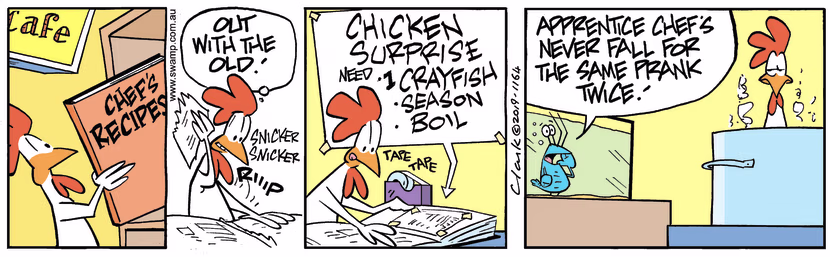 Chicken finds Chef's recipe book and replaces chicken recipes with crayfish but things don't go as planned. Swamp Cartoon - Replaces Chicken RecipesNovember 6, 2023