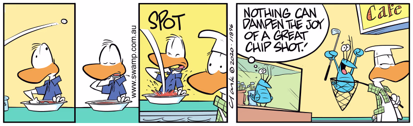 Bob Crayfish and Frank have been enjoying golf and Frank is particularly excited about his chip shot. Swamp Cartoon - Bob Crayfish Chip ShotJanuary 20, 2024