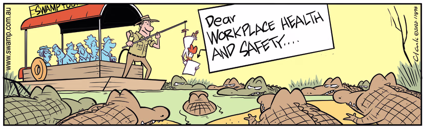 Surrounded by crocodiles, the chicken is writing to Workplace Health and Safety. Swamp Cartoon - Workplace Health and SafetyJanuary 22, 2024