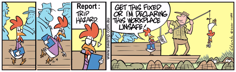Workplace Health and Safety Officer reports a trip hazard to Swamp Tour Boat Operator. Swamp Cartoon - Swamp Tour Boat Trip HazardJanuary 23, 2024