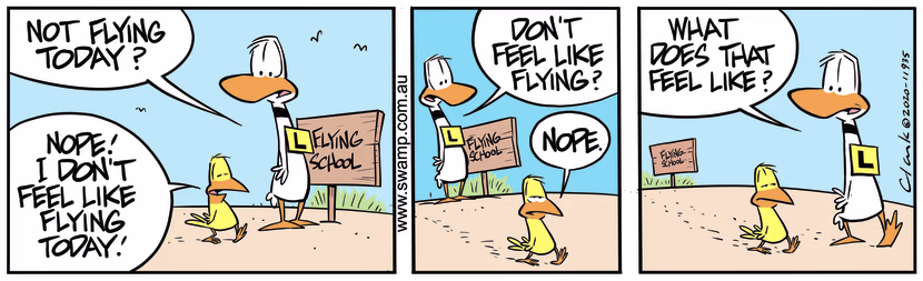 While walking, Ding Duck is chatting with bird about what it's like to not feel like flying. Swamp Cartoon - Ding Duck Questions BirdFebruary 20, 2024