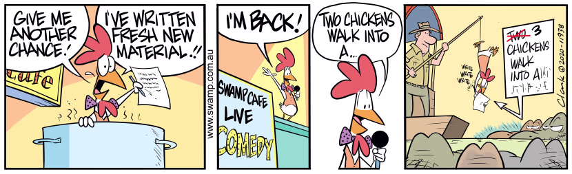After failed attempt at Comedy Night, Chicken pleads for another chance with new jokes. Swamp Cartoon - Second Chance for ChickenFebruary 21, 2024