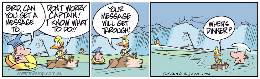 Ship's captain asks Lucky Mascot to deliver message to chef who is floating away from wreck. Swamp Cartoon - Lucky Mascot Deliver MessageFebruary 28, 2024