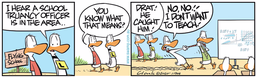 Flying School Truancy Officer is in the area making sure all participants attend lessons. Swamp Cartoon - Flying School Truancy OfficerMarch 1, 2024