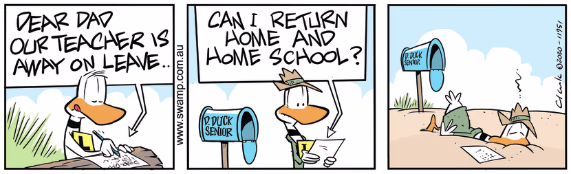 Ding Duck's teacher is away and he writes to his Dad requesting to be home schooled. Swamp Cartoon - Ding Duck’s Teacher AwayMarch 5, 2024