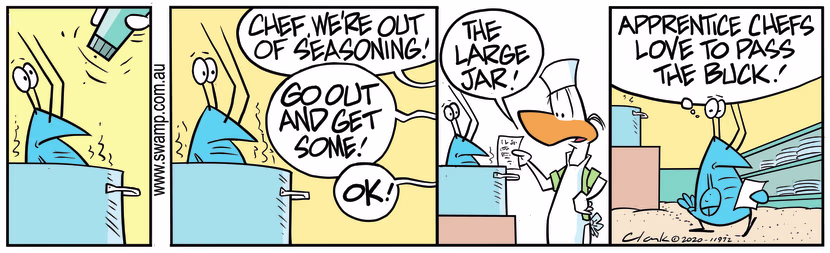 Apprentice Chef is told to buy seasoning so he sends Bob Crayfish to the shop on his behalf. Swamp Cartoon - Bob Crayfish SeasoningMarch 22, 2024
