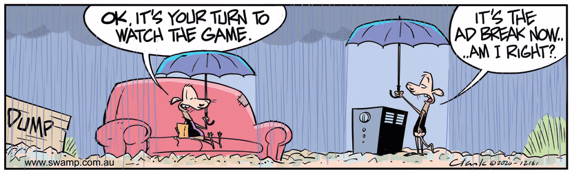 In the rain, Chives Rat is watching television while Cheese is holding an umbrella over it. Swamp Cartoon - Your Turn Watch the GameJune 19, 2024