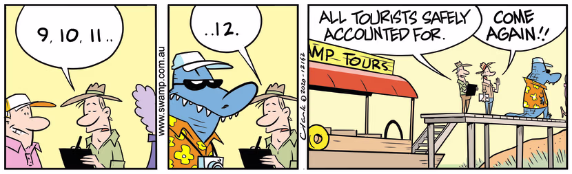 Swamp Tour Boat Operators check the number of tourists to make sure they're all accounted for. Swamp Cartoon - Tourist Head CountJune 21, 2024