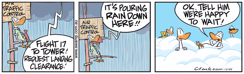 Aviator Ducks request clearance to land from Tower but when they hear its raining, they choose wait in the clouds. Swamp Cartoon - Pouring Rain on AirstripJune 25, 2024