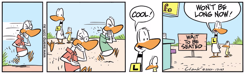 Ding Duck and Bird are waiting to be seated at Swamp Cafe and Ding is happy the wait will be short. Swamp Cartoon - Ding Duck Wait To Be SeatedJune 28, 2024