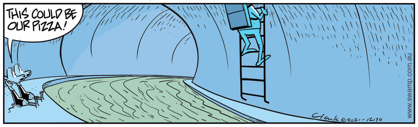 Cheese and Chives Rats are waiting for their pizza delivery when they see a human descending into sewer pipe. Swamp Cartoon - Cheese and Chives Rats DeliveryJuly 16, 2024