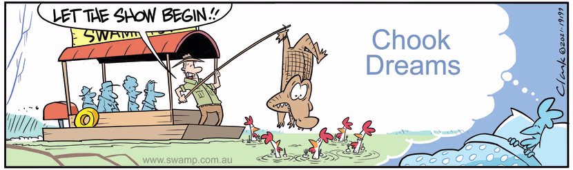 Chickens have fascinating dreams about them eating the crocodile at the Swamp Tours Show. Swamp Cartoon - How Chickens DreamJuly 22, 2024